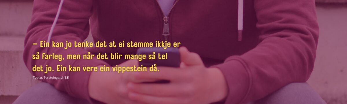 Bilete av hender med ein mobil med eit burgunder fargelag over, og gul tekst med eit sitat: – Ein kan jo tenke det at ei stemme ikkje er så farleg, men når det blir mange så tel det jo. Ein kan vere ein vippestein då. Tobias Torsteinsgard (18).