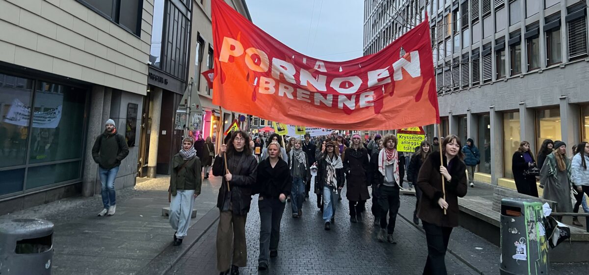 Demonstrantar ber ei fane med teksten "La pornoen brenne".