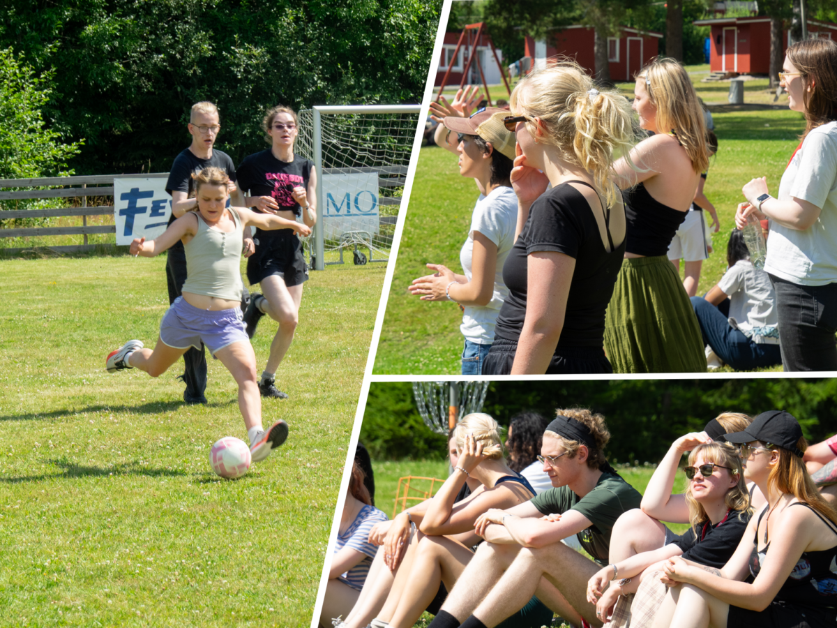 Ein collage. I ein rute er ei jente i gong med å skyte ein fotball, og i dei to andre er det tilskodarar.