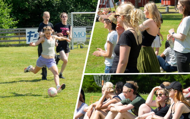 Ein collage. I ein rute er ei jente i gong med å skyte ein fotball, og i dei to andre er det tilskodarar.