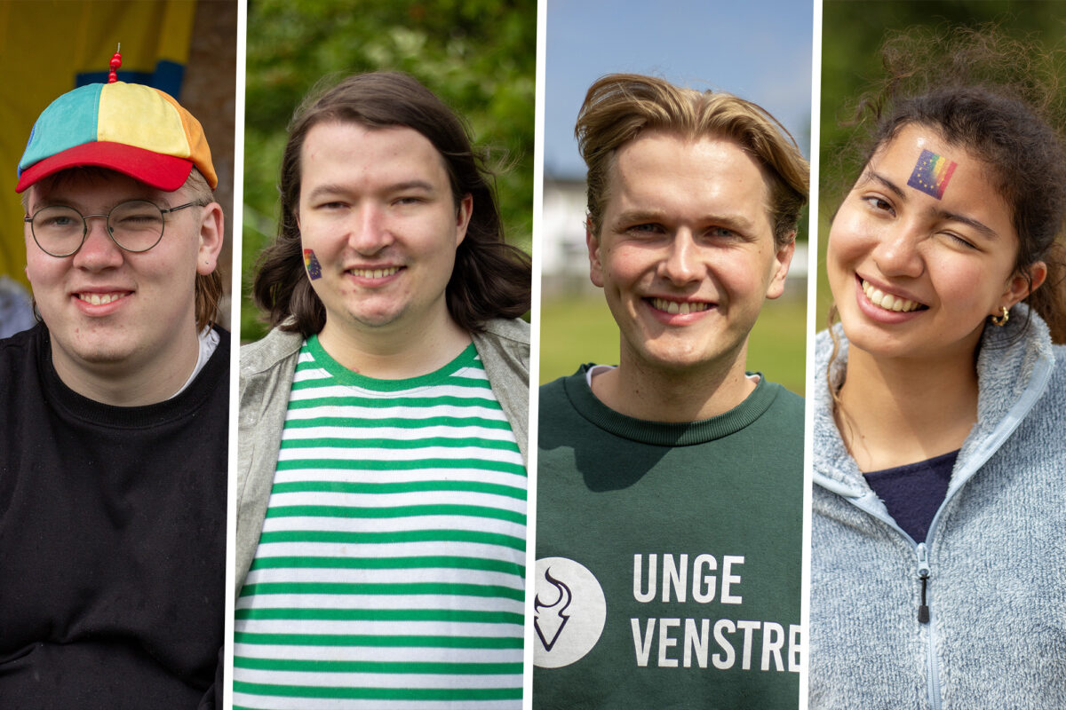 Kollasj med ein tre ungdommar klipt saman. Frå venstre: Ein gut i frøn, raud og gul hatt, og briller, ein gut i grøn og kvit stripete skjorte, ein gut i grøn genser med teksten "Unge" synleg, ei jente med grå genser og eit regnboge-EU-flagg klistra i panna.