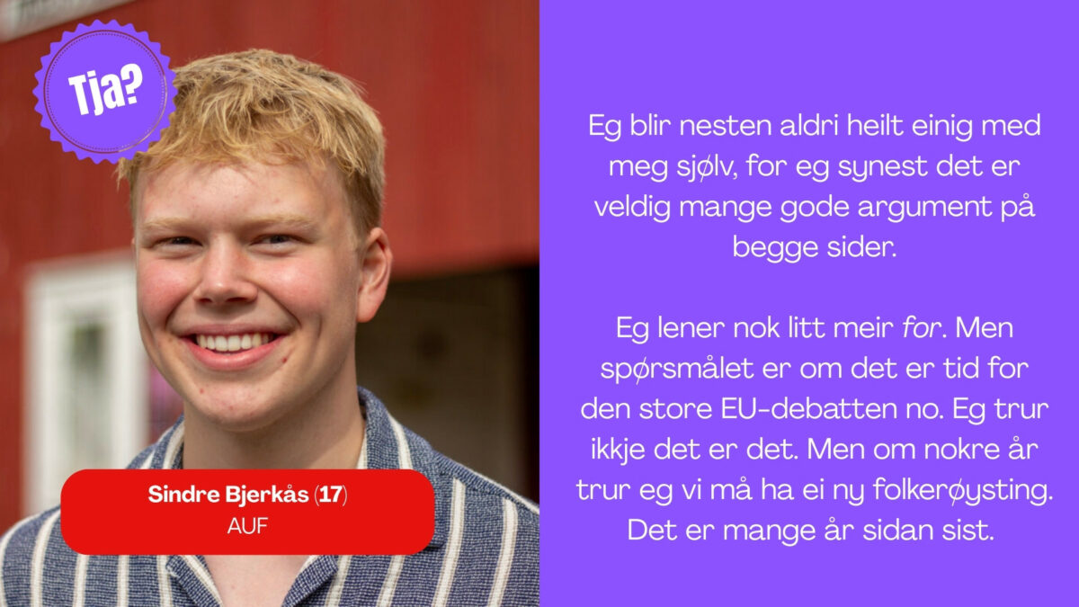 Sindre Bjerkås, 17, i AUF, seier: Eg blir nesten aldri heilt einig med meg sjølv, for eg synest det er veldig mange gode argument på begge sider. Eg lener nok litt meir for. Men spørsmålet er om det er tid for den store EU-debatten no. Eg trur ikkje det er det. Men om nokre år trur eg vi må ha ei ny folkerøysting. Det er mange år sidan sist.