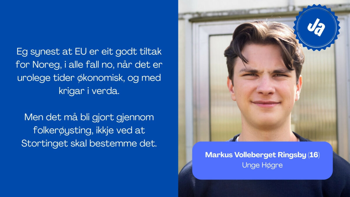 Markus Volleberget Ringsby, 16, seier: Eg synest at EU er eit godt tiltak for Noreg, i alle fall no, når det er urolege tider økonomisk, og med krigar i verda. Men det må bli gjort gjennom folkerøysting, ikkje ved at Stortinget skal bestemme det.