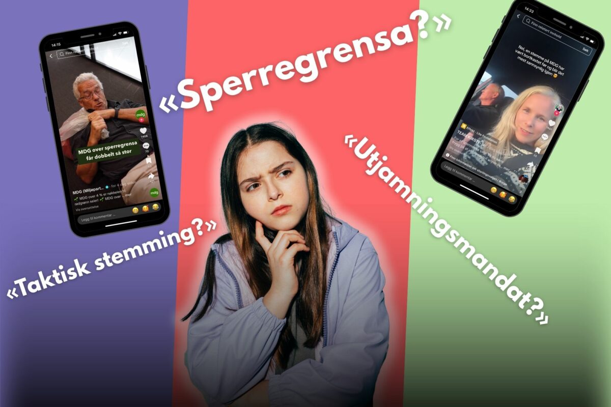 Ei kvinne som ser betenksam ut, med skjermdump frå TikTok og orda "Sperregrense?", "Utjamningsmandat?" og "Taktisk stemming?" rundt seg.