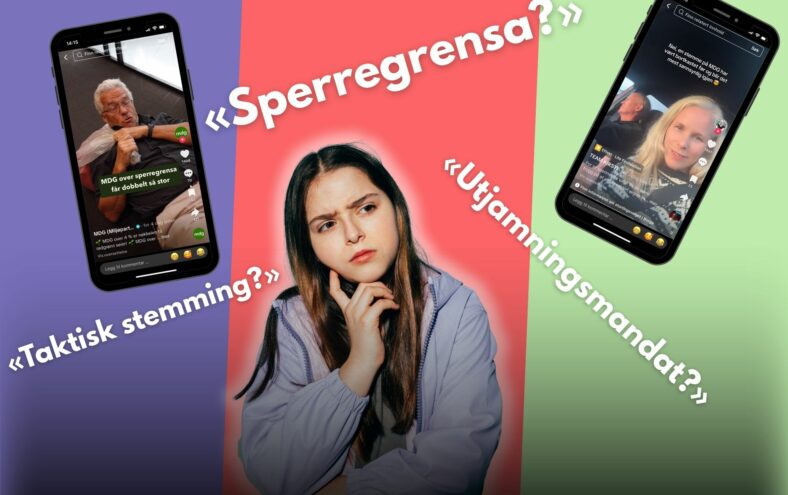 Ei kvinne som ser betenksam ut, med skjermdump frå TikTok og orda "Sperregrense?", "Utjamningsmandat?" og "Taktisk stemming?" rundt seg.