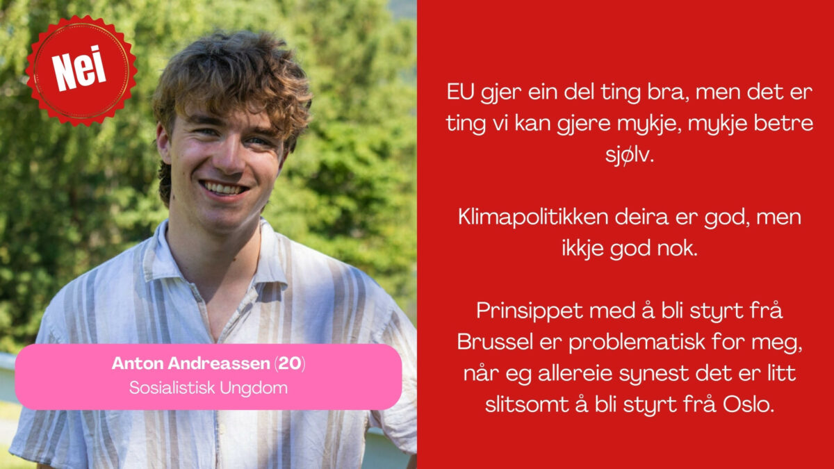 Anton Andreassen, 20, i Sosialistisk Ungdom, seier: EU gjer ein del ting bra, men det er ting vi kan gjere mykje, mykje betre sjølv. Klimapolitikken deira er god, men ikkje god nok. Prinsippet med å bli styrt frå Brüssel er problematisk for meg, når eg allereie synest det er litt slitsomt å bli styrt frå Oslo.