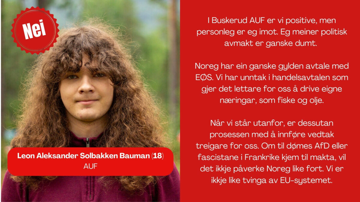 Leon Aleksander Solbakken Baumann, 18, i AUF seier: I Buskerud AUF er vi positive, men personleg er eg imot. Eg meiner politisk avmakt er ganske dumt. Noreg har ein ganske gylden avtale med EØS. Vi har unntak i handelsavtalen som gjer det lettare for oss å drive eigne næringar, som fiske og olje. Når vi står utanfor, er dessutan prosessen med å innføre vedtak treigare for oss. Om til dømes AfD eller fascistane i Frankrike kjem til makta, vil det ikkje påverke Noreg like fort. Vi er ikkje like tvungne av EU-systemet.
